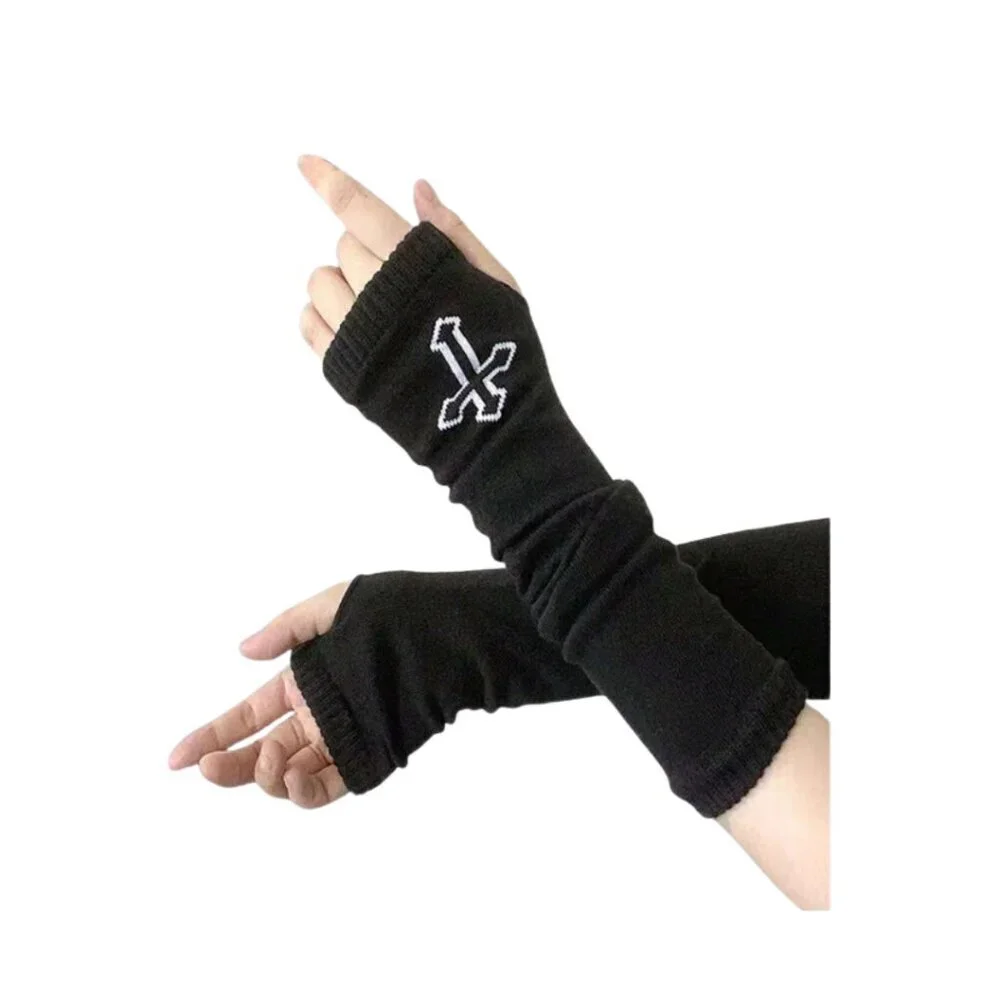 Gothic Cross Fingerless Gloves Black with White Cross Romwe NWT